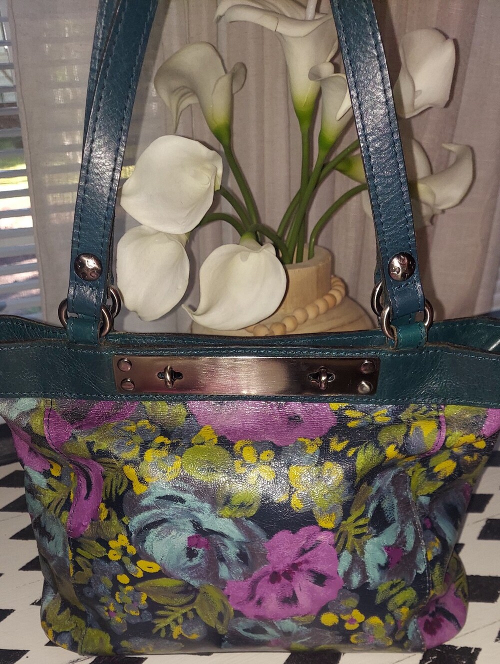PATRICIA NASH ARDEN Teal Floral Tote Bag with Purple & Yellow Accents
